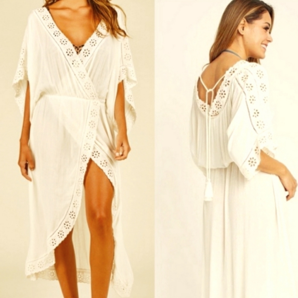 SURF GYPSY Eyelet Maxi Faux Wrap Dress Swim Cover-Up